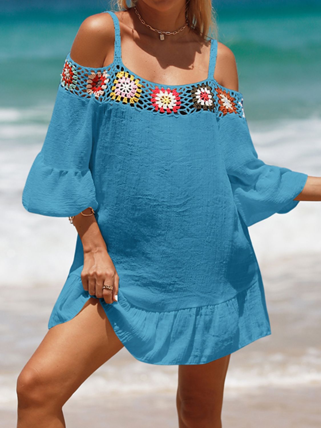 Crochet Cold Shoulder Three-Quarter Sleeve Cover Up Crochet Cold Shoulder Three-Quarter Sleeve Cover Up